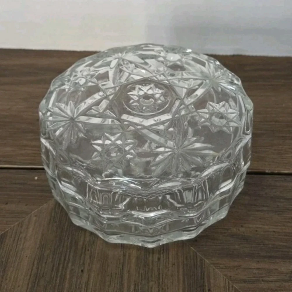 clear pressed glass starburst round trinket box with lid, 4 in, vintage